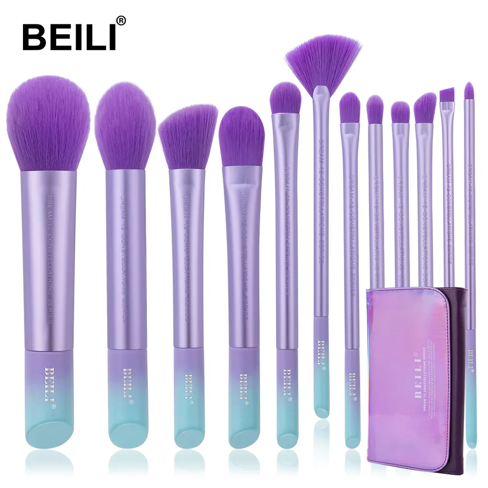 BEILI luxury makeup brush set natural 12pcs elf purple makeup brush set accept private label best quality flat foundation angle