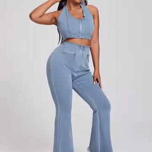 Conjunto de Verano al Por Mayor a Bajo Precio para Mujer, Top Corto Sexy de Mezclilla, Jeans de Cintura Alta, Conjuntos de Moda con Top Corto para Mujer - Product Image 1