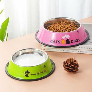 Sıcak toptan 201 paslanmaz çelik köpek havzası için sevimli renkli karikatür baskılı hayvan mama kabı gıda/su en çok satan öğe - Product Image 1