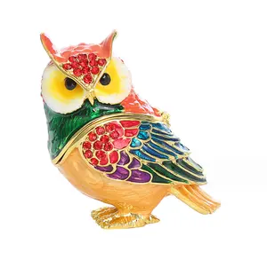 2024 New Arrival Luxury Handcrafted Jeweled Pewter Realistic owl Trinket Box Hand Enameled Crystals Jewlery Ring Box