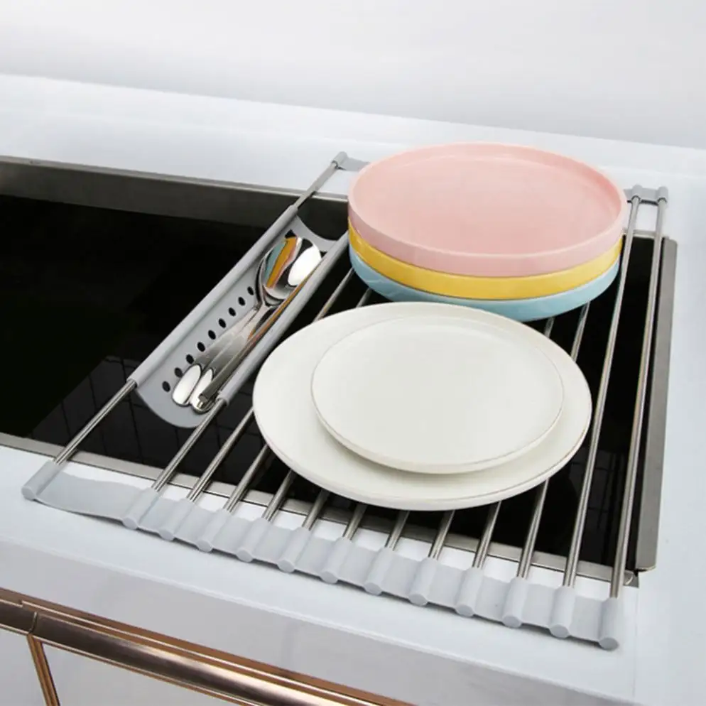 Rack de silicone dobrável, rack de silicone para secar louça e lavar louça, acessórios de cozinha com rolo de silicone para pia