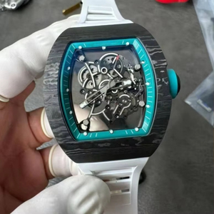 Fashion Men's Sports Skeleton Mechanical <b>Watch</b> Carbon Fiber Tonneau <b>Case</b> Open Dial White Rubber Band Luxury Wristwatch - Product Image 1