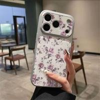 Coque de téléphone minimaliste en cuir texturé à motif floral plein écran pour iPhone 16 17 Pro Max avec grande fenêtre et bordure électroplaquée