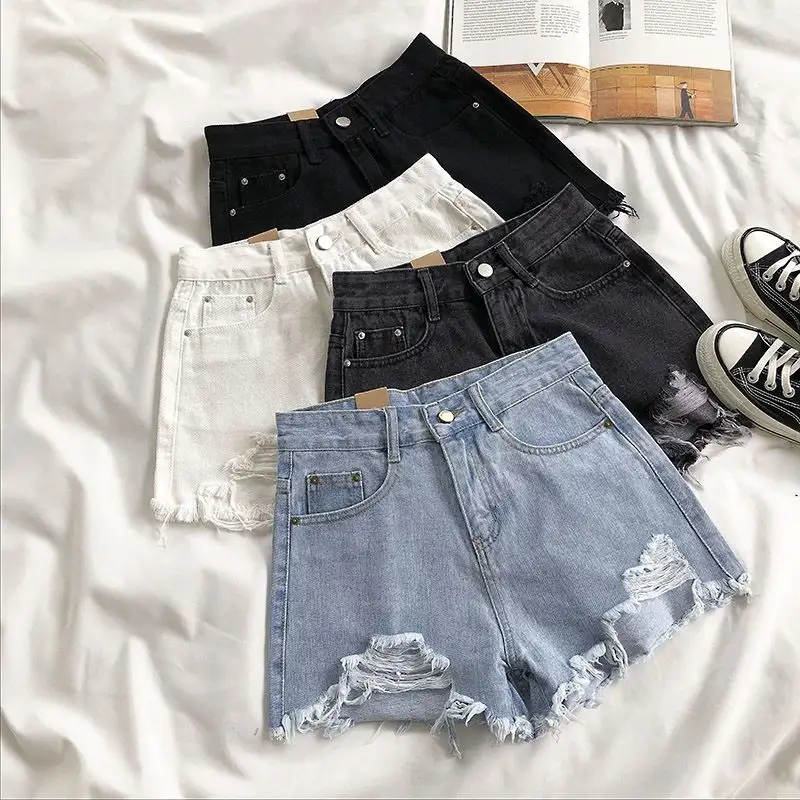 Summer Pocket Tassel Hole Ripped jeans Vintage Casual Comfort Denim Button Zipper Pants Women's Shorts Jeans