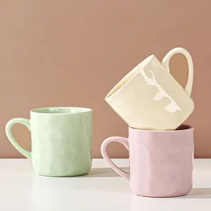 Wholesale Ins Style Ceramic Mark Cup High Aesthetic Drinking Cup Candy Color Glazed New Home Embossed Girl Coffee Cup Gift