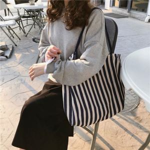 Customized Closure Fashion Design <b>Canvas</b> Lining Large Capacity Korean Retro Striped Shoulder Tote Bag Street Bags for Women - Product Image 5
