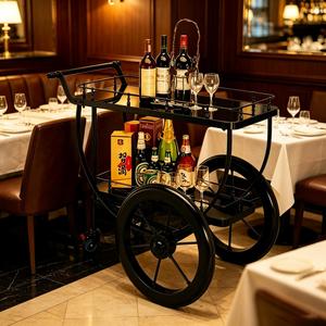 <span class=keywords><strong>Carrello</strong></span> Bar di Lusso a 2 Ripiani in Metallo Nero, Stile <span class=keywords><strong>Vintage</strong></span> con Grandi Ruote, <span class=keywords><strong>Carrello</strong></span> Mobile per Servizio Vini e Bevande per Hotel, Ristoranti e Bar - Product Image 3