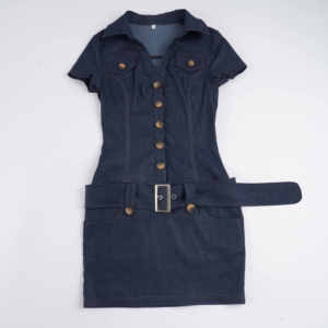 Vestido Mini de Mujer Azul Oscuro Estilo Denim con Botones, Bolsillo Frontal y Cinturón, Manga Corta, Ajustado, Vintage, Casual, Verano 2026 - Product Image 6