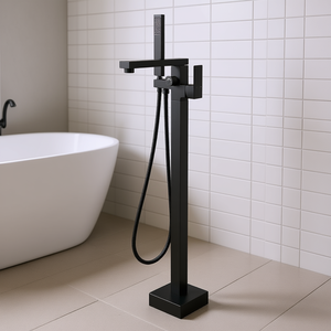 Rubinetto per vasca da bagno monocomando nero opaco, a pavimento, in ottone, con soffione doccia a pioggia, design minimalista, 37,6 pollici - Product Image 2