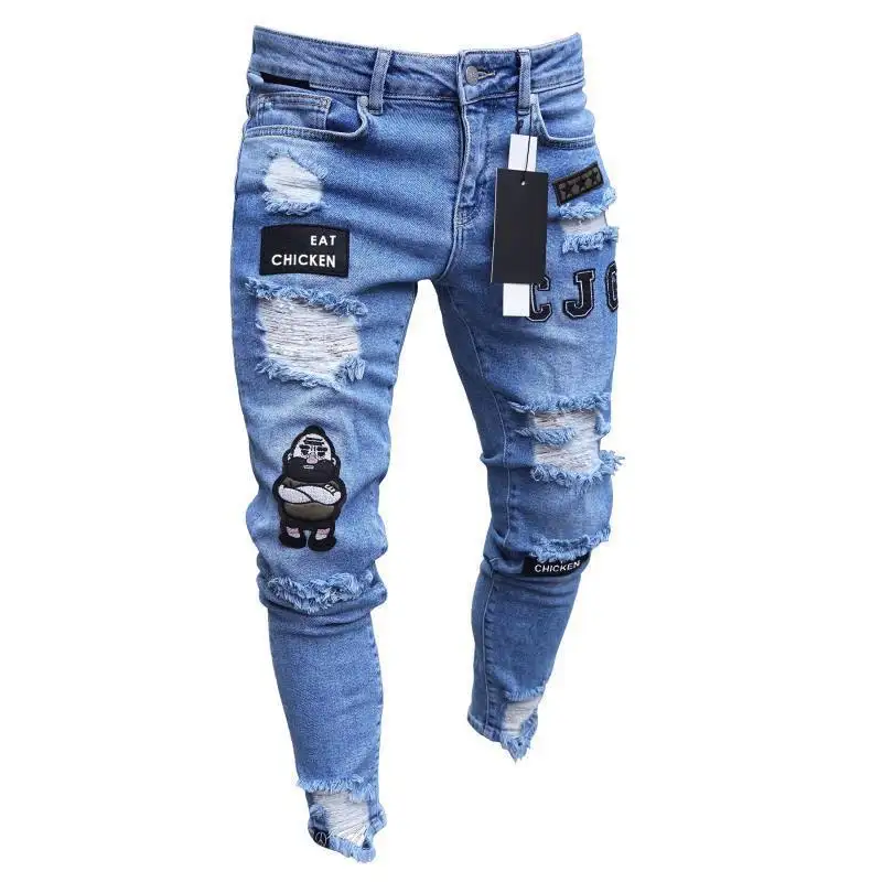 Ripped Skinny Biker Borduren Print Jeans Vernietigd Gat Afgeplakt Slim Fit Denim Bekrast Hoge Kwaliteit Jean