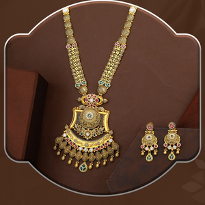 Elegant traditional gold <b>long</b> necklace set with intricate temple motifs bridal wedding jewelry haram style with <b>matching</b> earring - Product Image 3