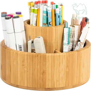 Bamboo Wood 360° Rotating Desktop Divider Office Storage Organizer Round Double-Layer Pen Holder with Non-slip Mat - Product Image 1