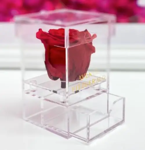 Caixa de acrílico para joias com gaveta, rosa única, rosas preservadas, caixa de anel personalizada para joias