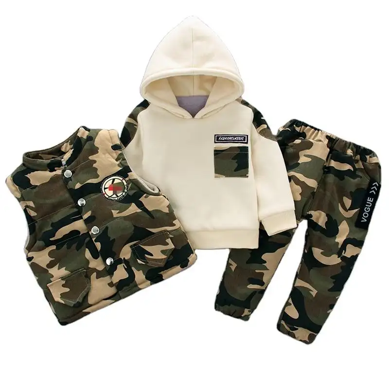 Factory Direct Supplier Winter Boy Hoodie With Vest And Pants 3 Pieces Camouflage Outfits Clothing Kids Boys Sets