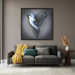 Modern Silver 3D Kissing Couple: Elegant Printed Canvas Artwork,<b>BLACK</b> <b>FRAMED</b> CANVAS - Product Image 3