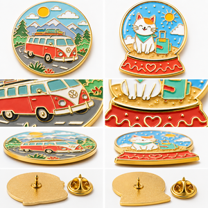 Set de pines de esmalte duro personalizados con diseño de globo de nieve de gato y furgoneta camper, chapados en oro, de aleación de zinc, circulares, de metal - Product Image 3