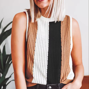 2025 <strong>Wholesale</strong> Chic Clothes Customized Women Summer Sleeveless Khaki Stripe Color Block Sleeveless Knitted <strong>Sweater</strong> - Product Image 1