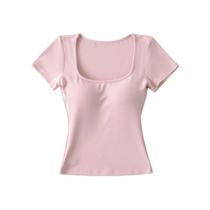 T-shirt <span class=keywords><strong>basic</strong></span> da donna con scollo rotondo, imbottitura sul petto, traspirante, elasticizzato in quattro direzioni, vestibilità slim, crop top estivo a tinta unita - Product Image 5
