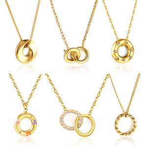 Stainless Steel Round Clavicle Chain Pendant 18k Gold Plated <b>Necklace</b> For Women Geometric <b>Ring</b> Design Everyday Wearing - Product Image 1