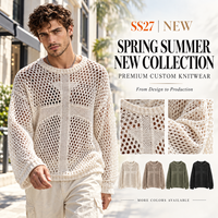 Pull d'été pour homme en maille ajourée crochetée beige, col rond, manches longues, style streetwear, vente en gros