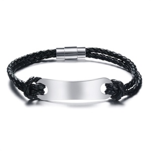 Mens <b>Leather</b> Magnet <b>Bracelets</b> Stainless Steel Custom Engraving Blank bar <b>Bracelet</b> - Product Image 1