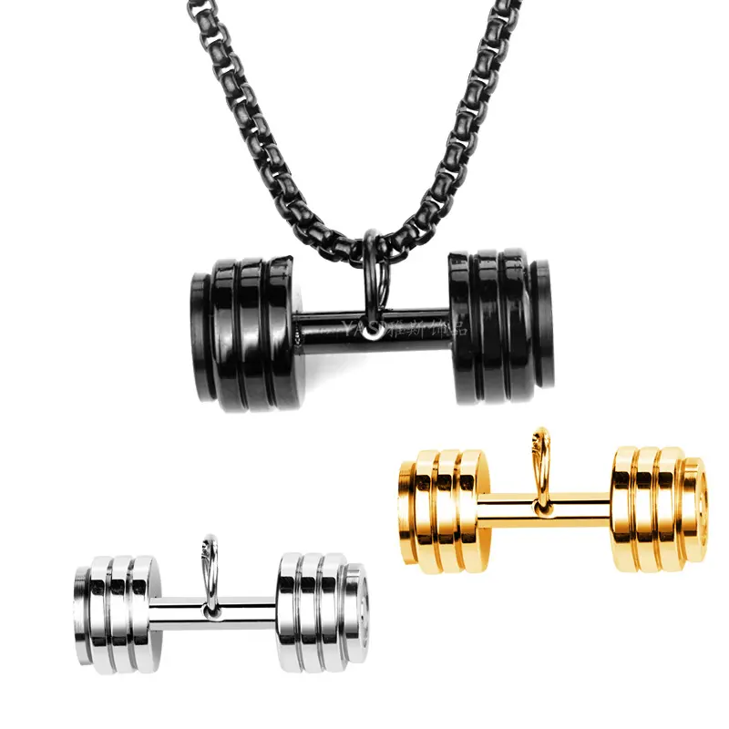 Kalung Olahraga Hitam Hip Hop Pria, Aksesori Hadiah Liontin Dumbbell Gym Besi Anti Karat