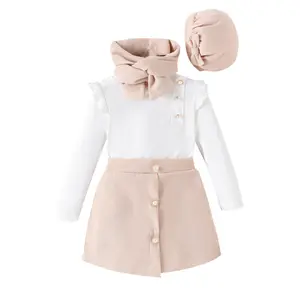 Child girls' clothing set children's pearl button long sleeved top+skirt pants+scarf+hat four piece set