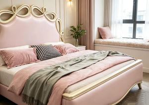 Premium Queen Size Pink Velvet Princess <b>Bed</b> With Gold Finish Bow Shaped Headboard For Kids Bedroom - Product Image 6