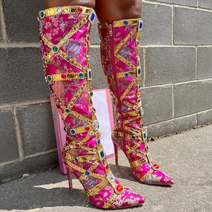 Colorful Diamonds Women's Knee High <b>Boots</b> Pointed Toe Metal Decor Glitter Long Booties Embroidered on Stiletto Heels - Product Image 5