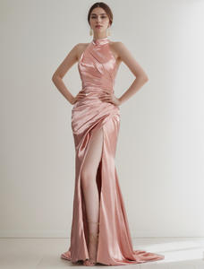 2024 özel şampanya saten zarif ünlü pileli elbise resmi durum seksi yüksek bölünmüş kadın yemeği akşam elbise - Product Image 5