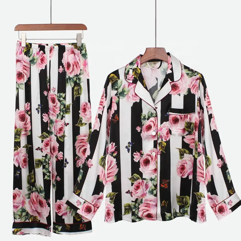 Bán Buôn Sang Trọng Pijamas Flower Sọc Thiết Kế Dài Tay Satin Áo Ngủ In Pyjama Set Của Phụ Nữ Ngủ Lụa Đồ Ngủ