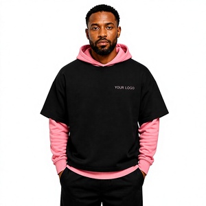 Custom Logo Heavyweight Cotton Streetwear Oversized Double <b>Layer</b> Pullover Hoodie Long Sleeve <b>Under</b> Short Sleeve Layered Hoodie - Product Image 1