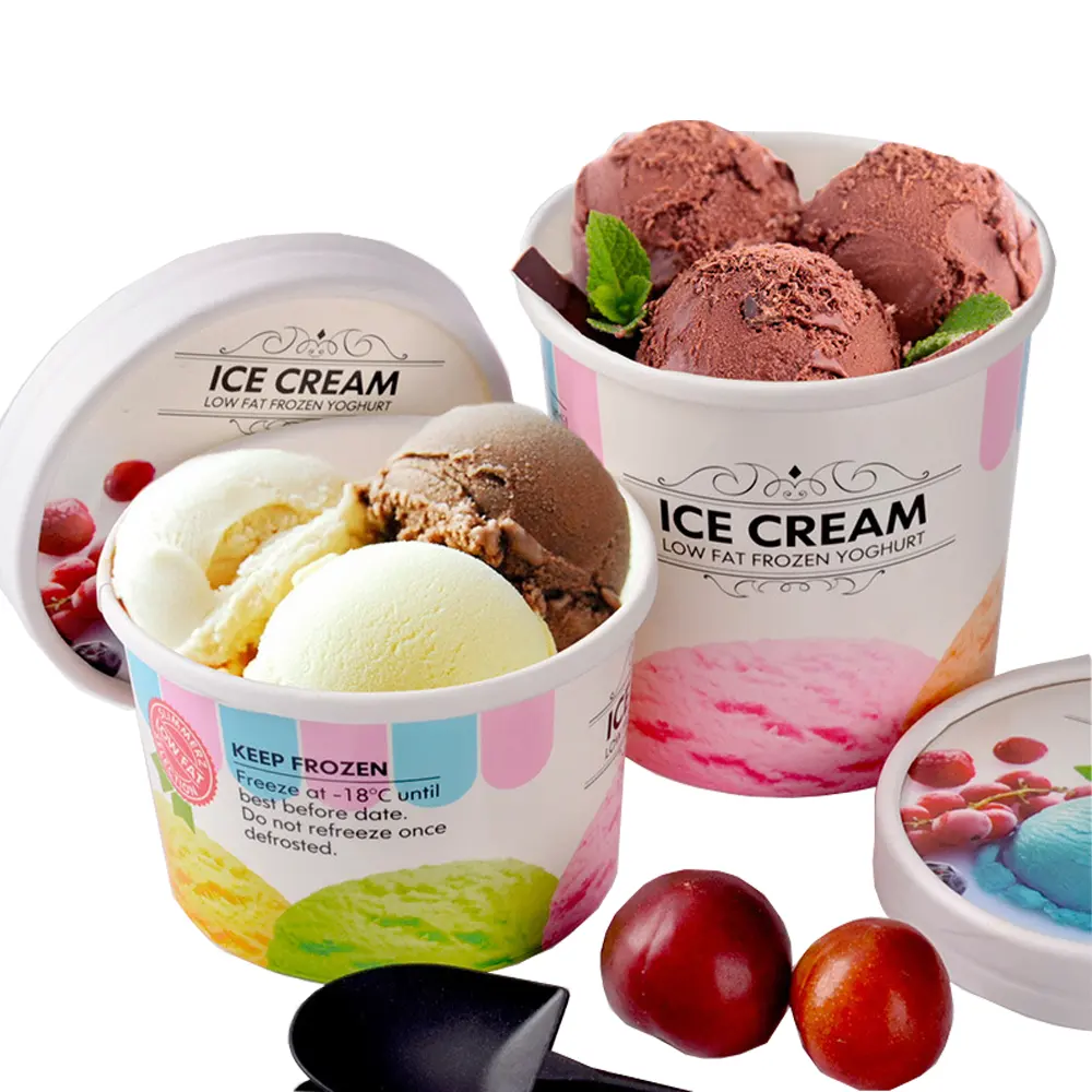 Benutzer definierte Logo Eiscreme Pappbecher Einweg biologisch abbaubare Joghurts chale mit Deckel zum Mitnehmen Lebensmittel paket