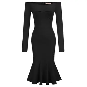 BPA02001 Belle Poque Mermaid Pencil Dress Bodycon Vintage Long Sleeve Off Shoulder Hips-Wrapped