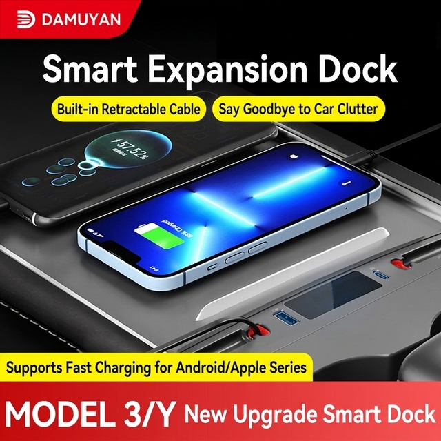 Car Central Control Docking Station PD Fast Charging USB Type-C Hub Retractable Cable for Model 3/Y/YL Interior Accessories