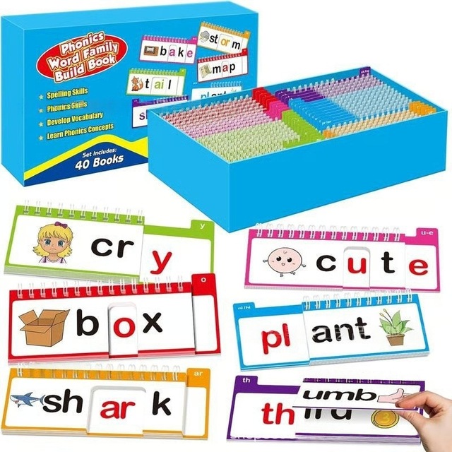 40 Sets Coated Paper Phonics Word Family Flip Books & Flash Cards Preschool Toddler English Educational Cards