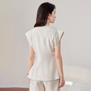 Women's Sleeveless V-Neck <b>Blazer</b> <b>Set</b> With Buttons Solid Color Crepe Fabric Casual Suit For Summer 2025 - Product Image 4