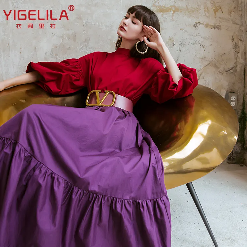 YIGELILA 2021 Women's Red Casual Top Spring Autumn Long Sleeve Elegant Blouse Puff Sleeve Stylish Cotton Blouse