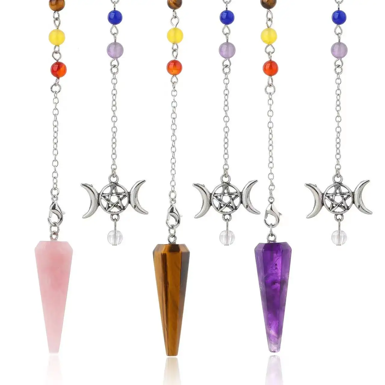 Natural Stone Hexagonal 7 Chakra Pendant Crystal Pendulums for Dowsing Healing Triple Goddess Witch Pendulos X008