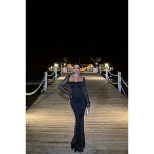 ชุดราตรีทรงเอไลน์สีดำถักโครเชต์สำหรับผู้หญิง พร้อมเชือกผูกด้านหลัง เอวทรงเอ็มไพร์ ยาวกรอมพื้น สไตล์งานเลี้ยงอย่างเป็นทางการ - Product Image 5