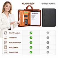 Porte-documents A4 en cuir avec fermeture éclair, poignée et calculatrice, personnalisable avec logo, en PU ciré de qualité supérieure, organisateur professionnel, vente en gros