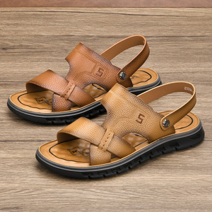 Sandalias con Correa en T para Hombre, Primera Capa de Piel de Vacuno, Punta Abierta, Suela de Goma, Forro de Cuero Genuino Transpirable, Diseño Sólido - Product Image 1