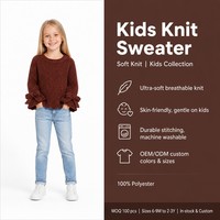 Pull-over en tricot à col rond marron pour enfants avec logo personnalisé, manches longues à nœud, en polyester, mignon, décontracté, automne-hiver, vente en gros
