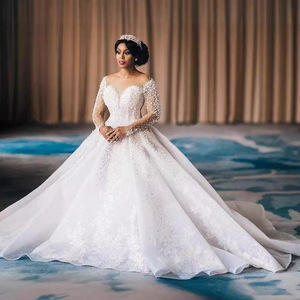 Wedding Gown African Cross-Border Bridal Long-Sleeve Pearl-Embroidered Wedding Dress - Product Image 1