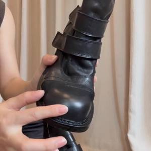 Botines de tacón de bloque de cuero genuino de vaca retro fruncidos para mujer, botas cortas de media pantorrilla con suela gruesa y cierre de velcro - Product Image 5