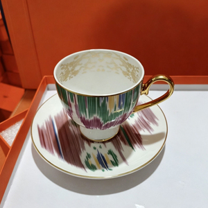 Fresh Eco-Friendly Abstract Colorful Stripe Print Bone China Coffee Cup with Gold Handle and Matching Saucer - Product Image 2