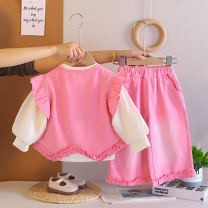 Graziosi Completi Autunnali per Ragazze in Poliestere/Cotone, Top a Maniche Lunghe con Stampa Animalier e Pantaloni in Pizzo, Tessuto Morbido - Product Image 4