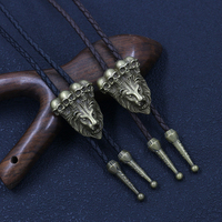 Collier Pendentif Bolo Tie Lion et Crâne en Bronze Antique, Bijou Multifonctionnel en Cuir Tressé PU et Alliage de Zinc, Style Western Cowboy pour Hommes