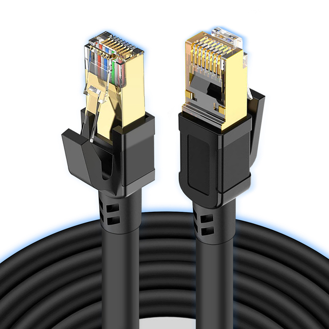 CAT8 SFTP Ethernet Cable Black White PVC LSZH Jacket 99.97% Pure Copper Solid Conductor Gold-Plated RJ45 Anti-Interference for