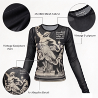 T-shirt à manches longues en maille pour homme, imprimé vintage, coupe ajustée, maille extensible transparente, haut streetwear, impression personnalisée